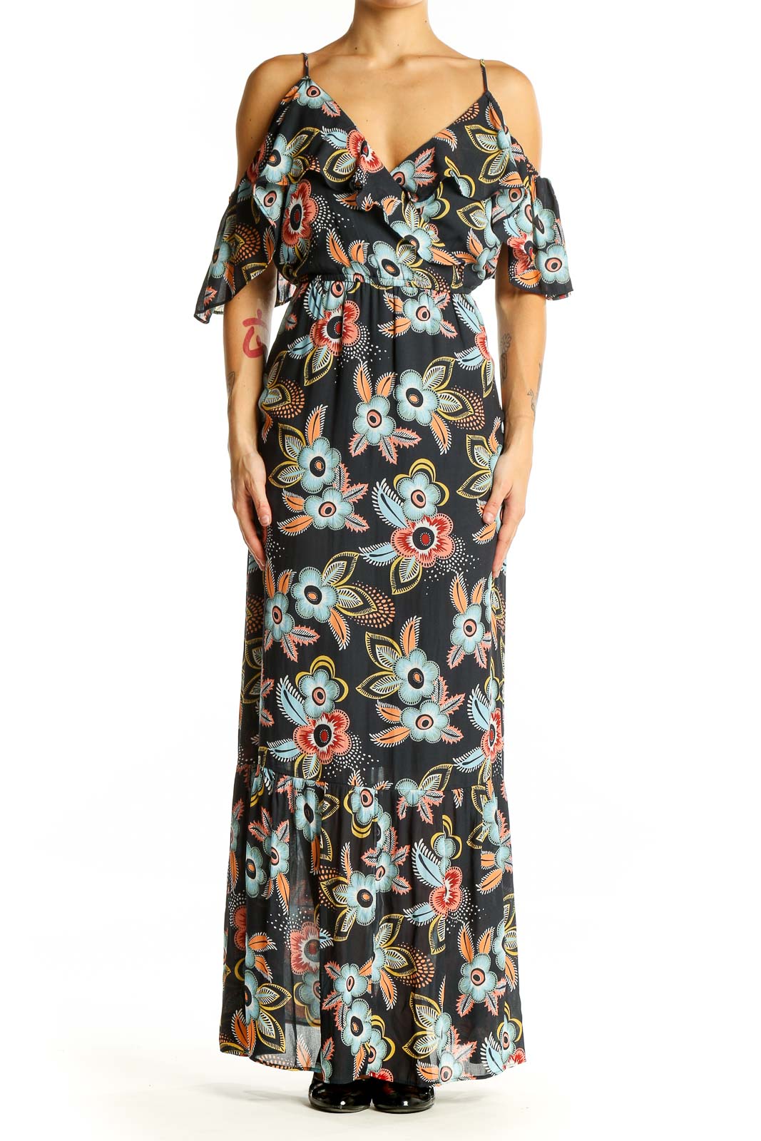 Front view of LOFT black floral cold shoulder maxi dress with blue and coral print