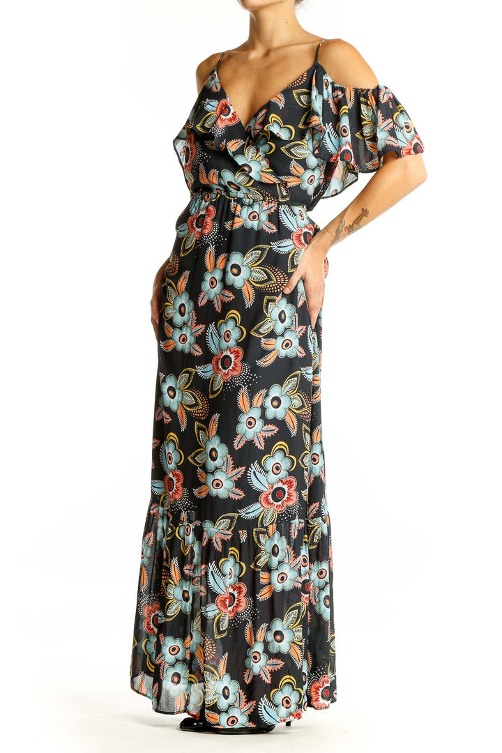 Front view of LOFT black floral cold shoulder maxi dress with blue and coral print