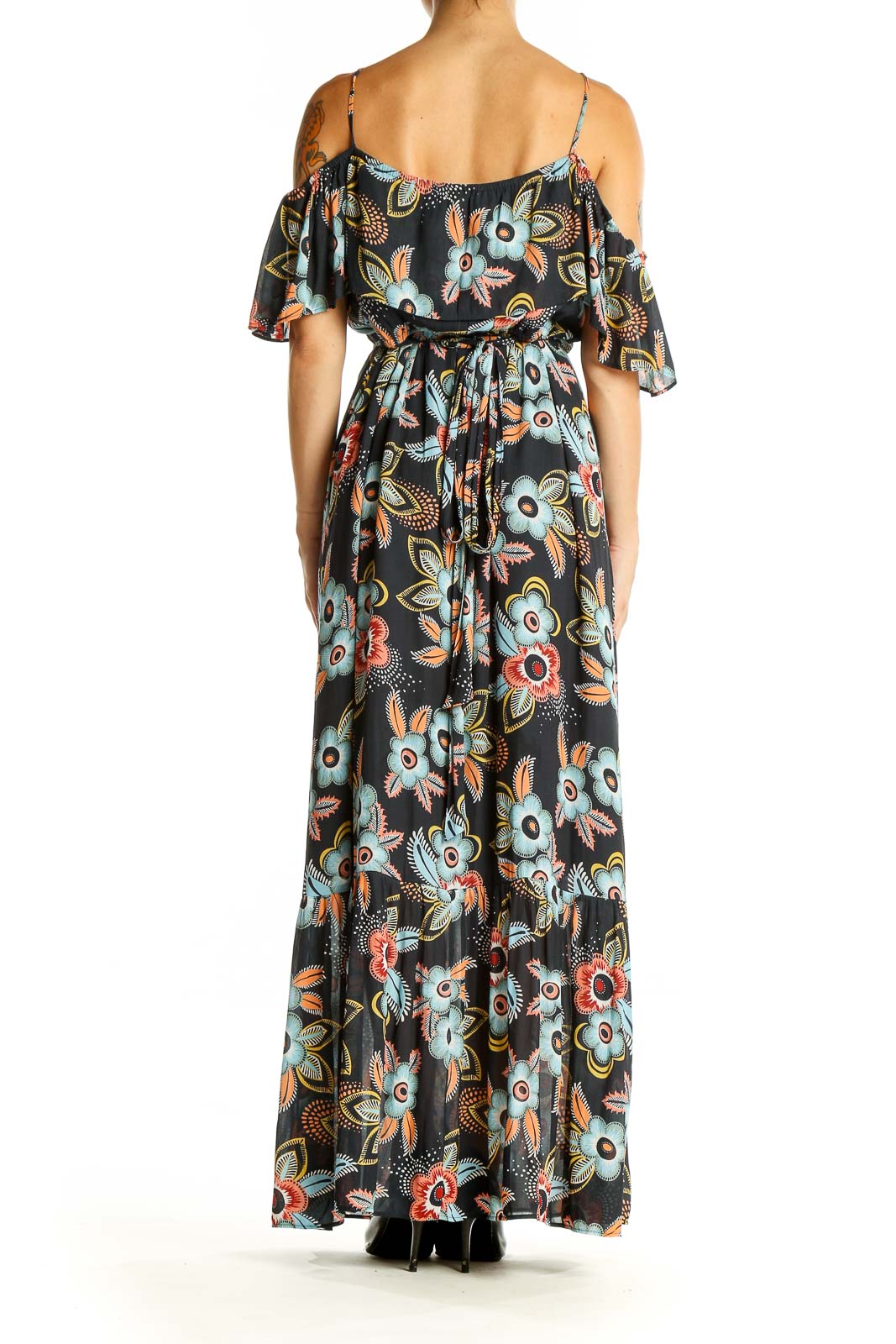 Back view of LOFT black floral cold shoulder maxi dress showing adjustable straps and flounce hem