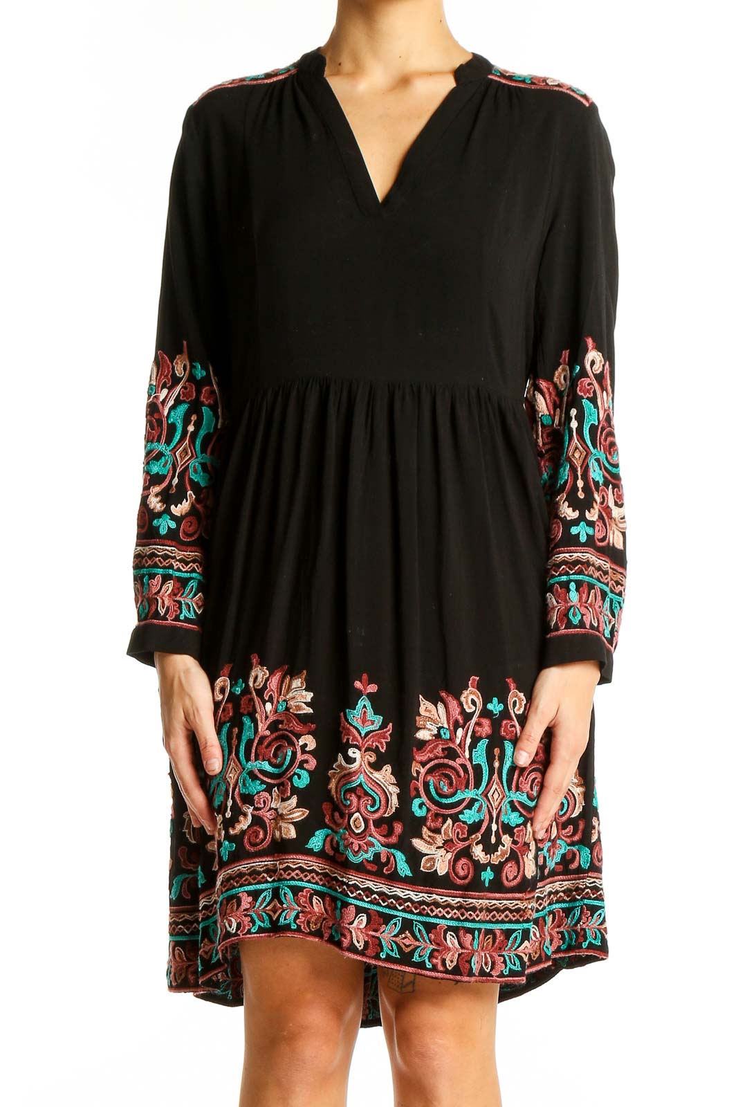 Front view of Floreat black midi dress with colorful embroidery