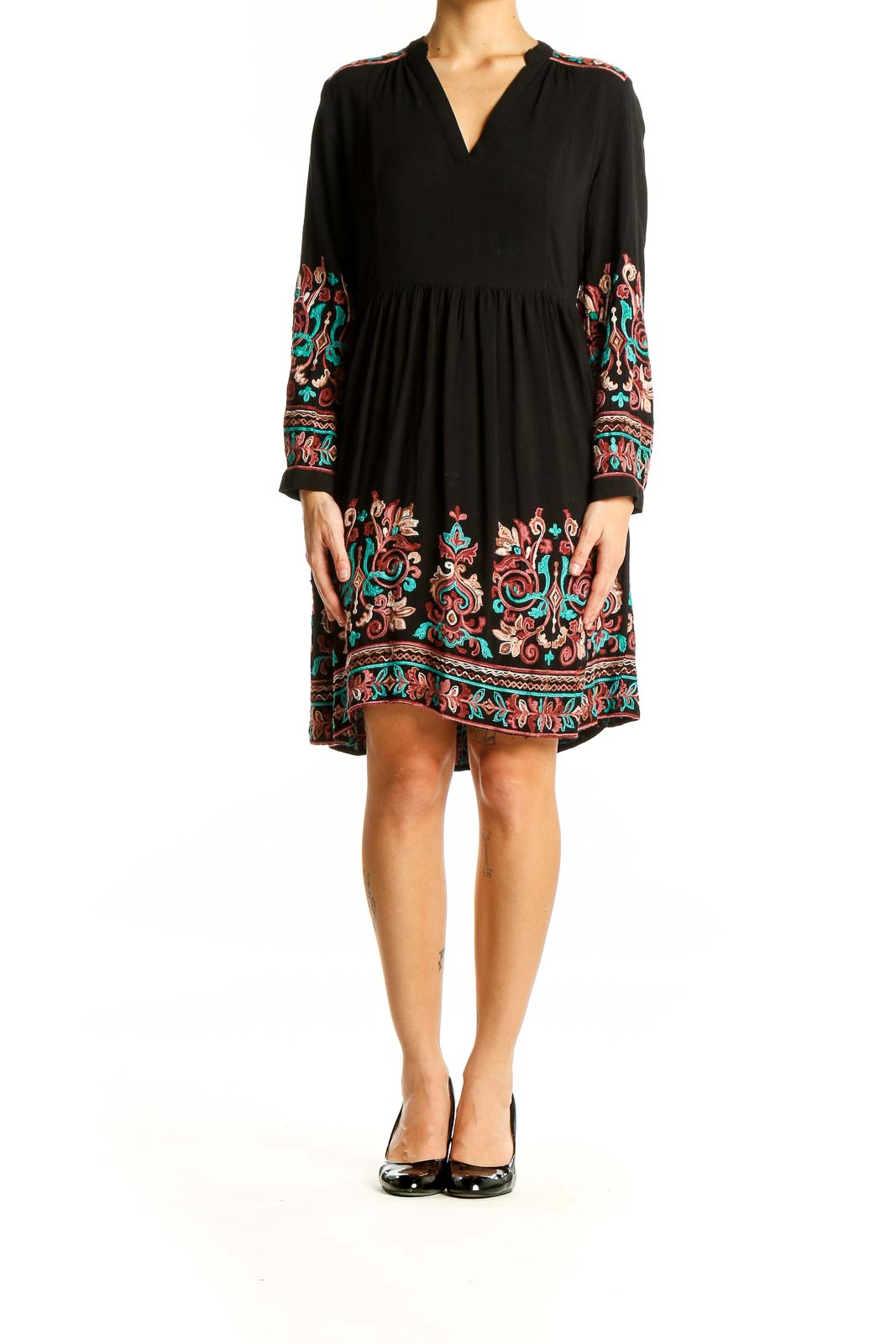 Front view of Floreat black midi dress with colorful embroidery