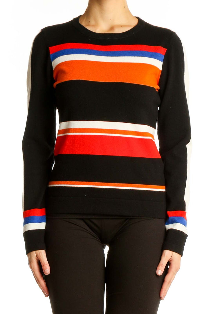 Front view of Karen Millen black striped colorblock knit sweater with vibrant horizontal stripes