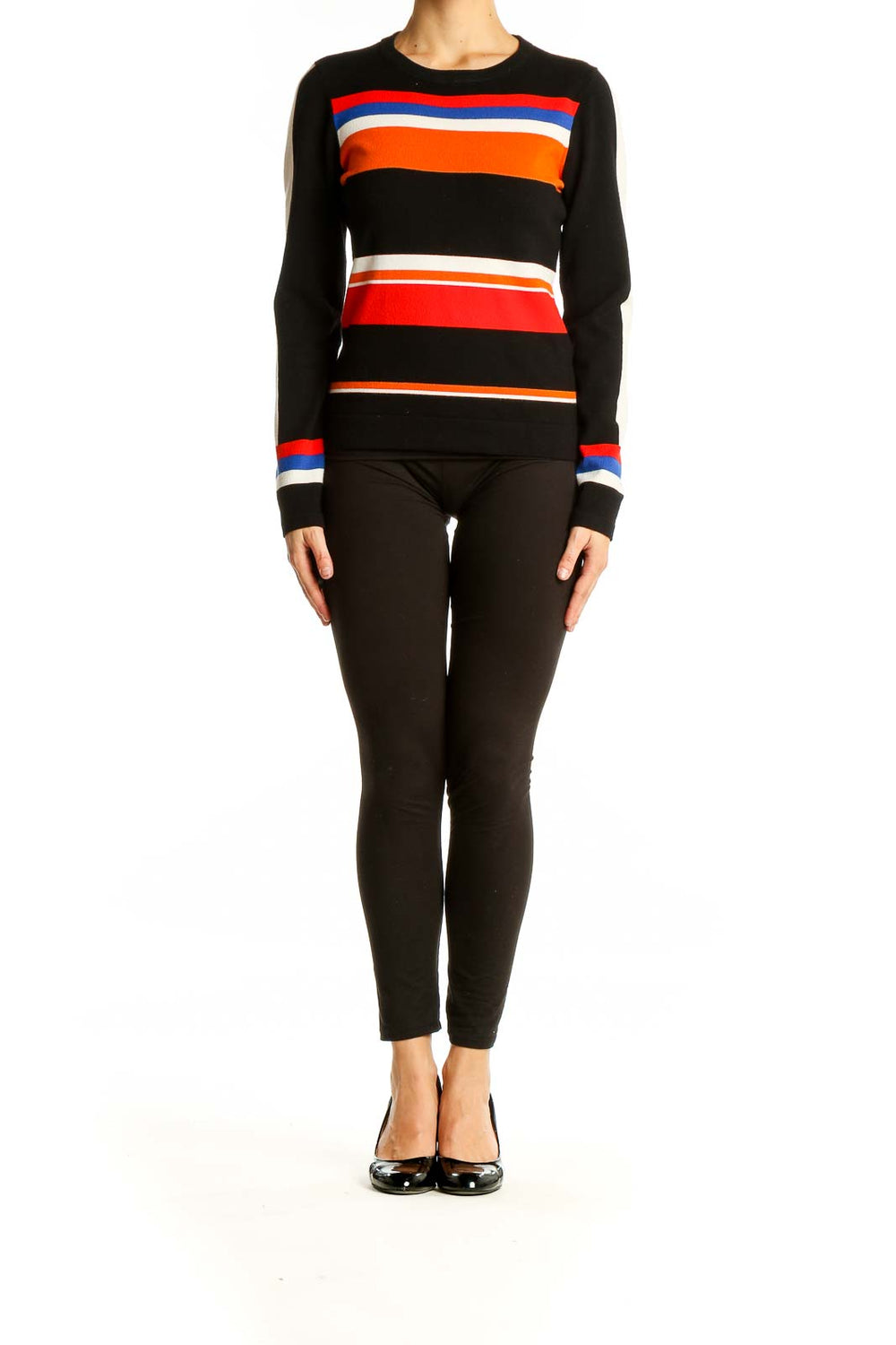 Front view of Karen Millen black striped colorblock knit sweater with vibrant horizontal stripes