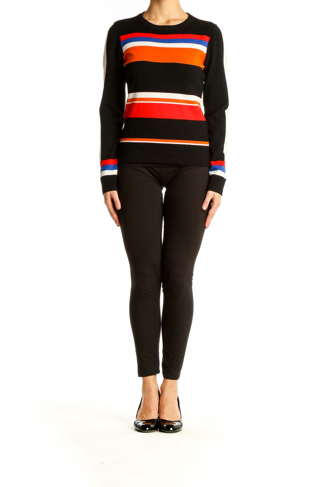 Front view of Karen Millen black striped colorblock knit sweater with vibrant horizontal stripes