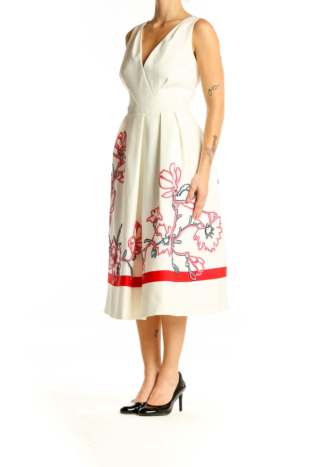 Front view of Karen Millen ivory midi dress with red floral embroidery