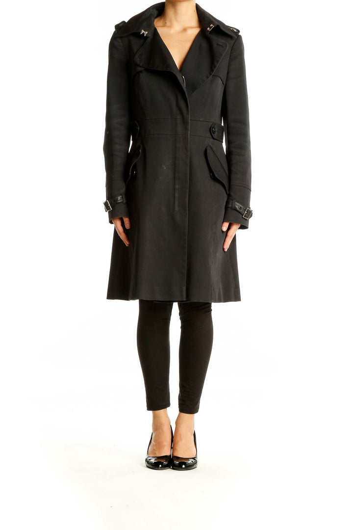 Front view of Karen Millen black trench coat with belt and epaulettes