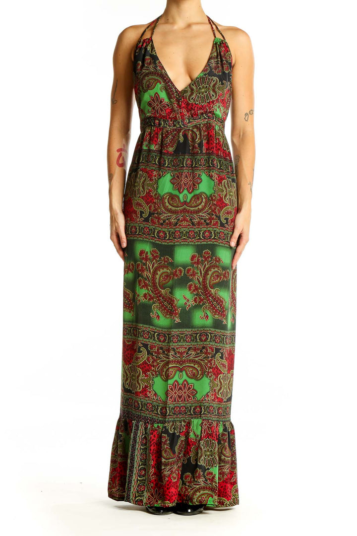 Front view of green paisley halter maxi dress with plunging neckline