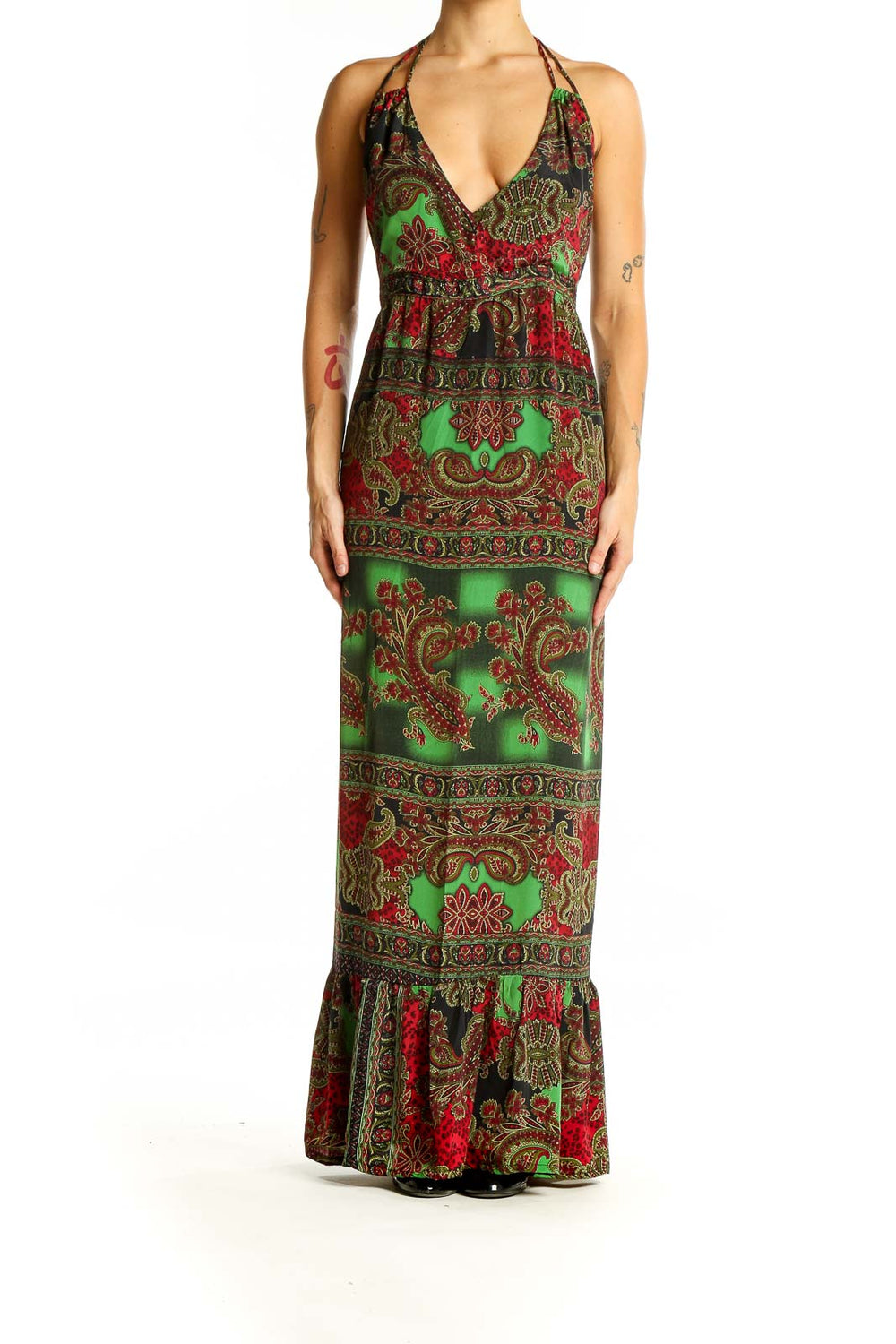 Front view of green paisley halter maxi dress with plunging neckline