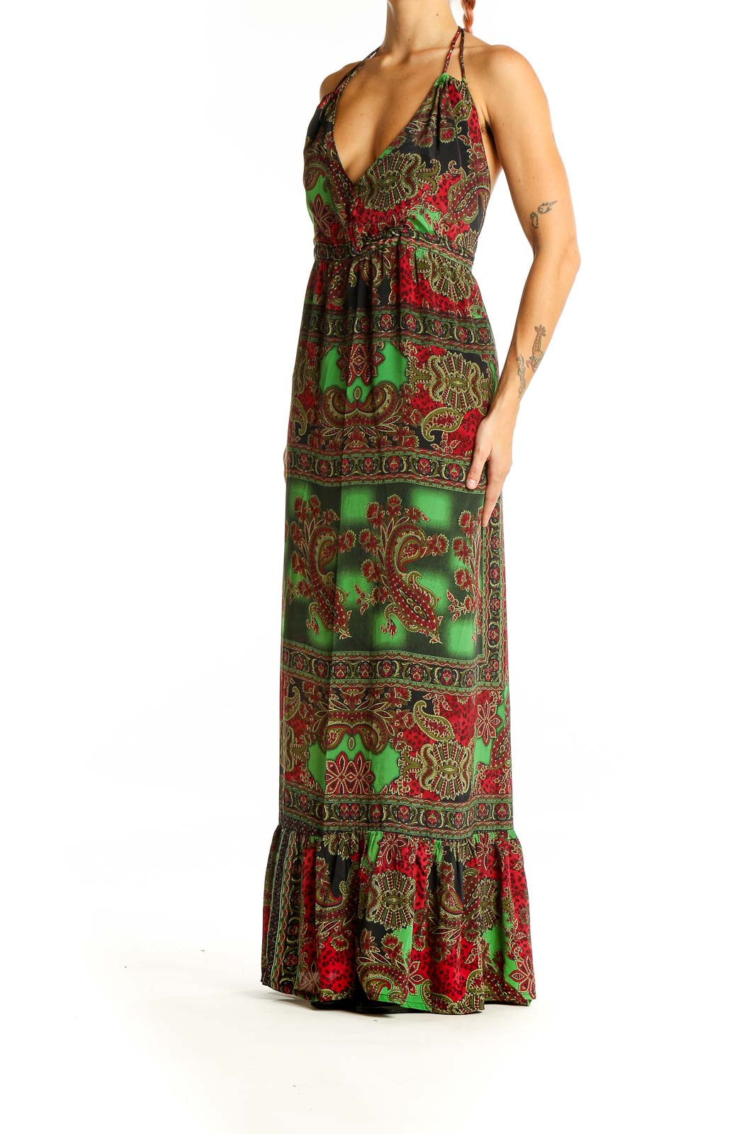 Front view of green paisley halter maxi dress with plunging neckline