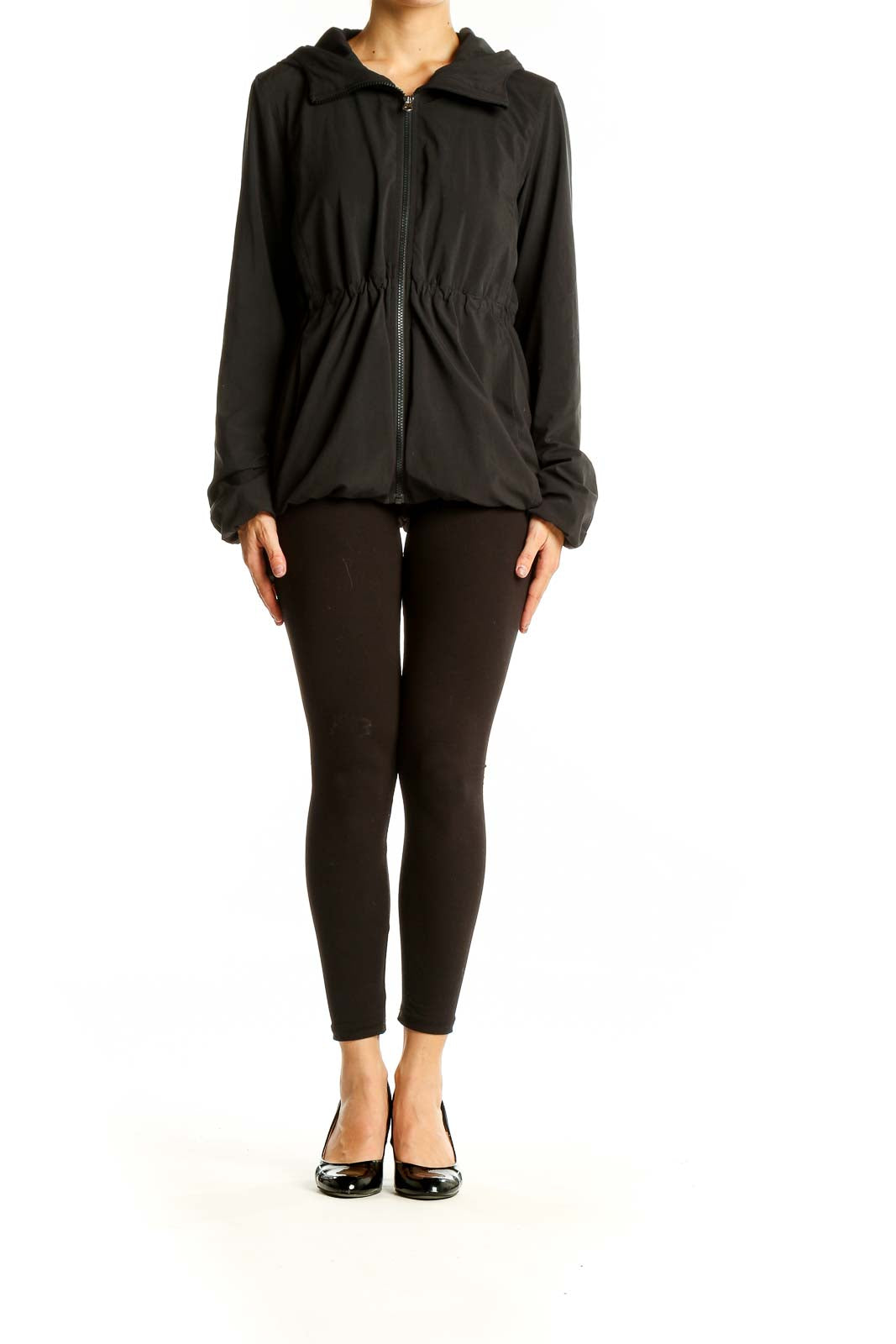 Front view of black Lululemon zip-up hooded jacket with cinched waist