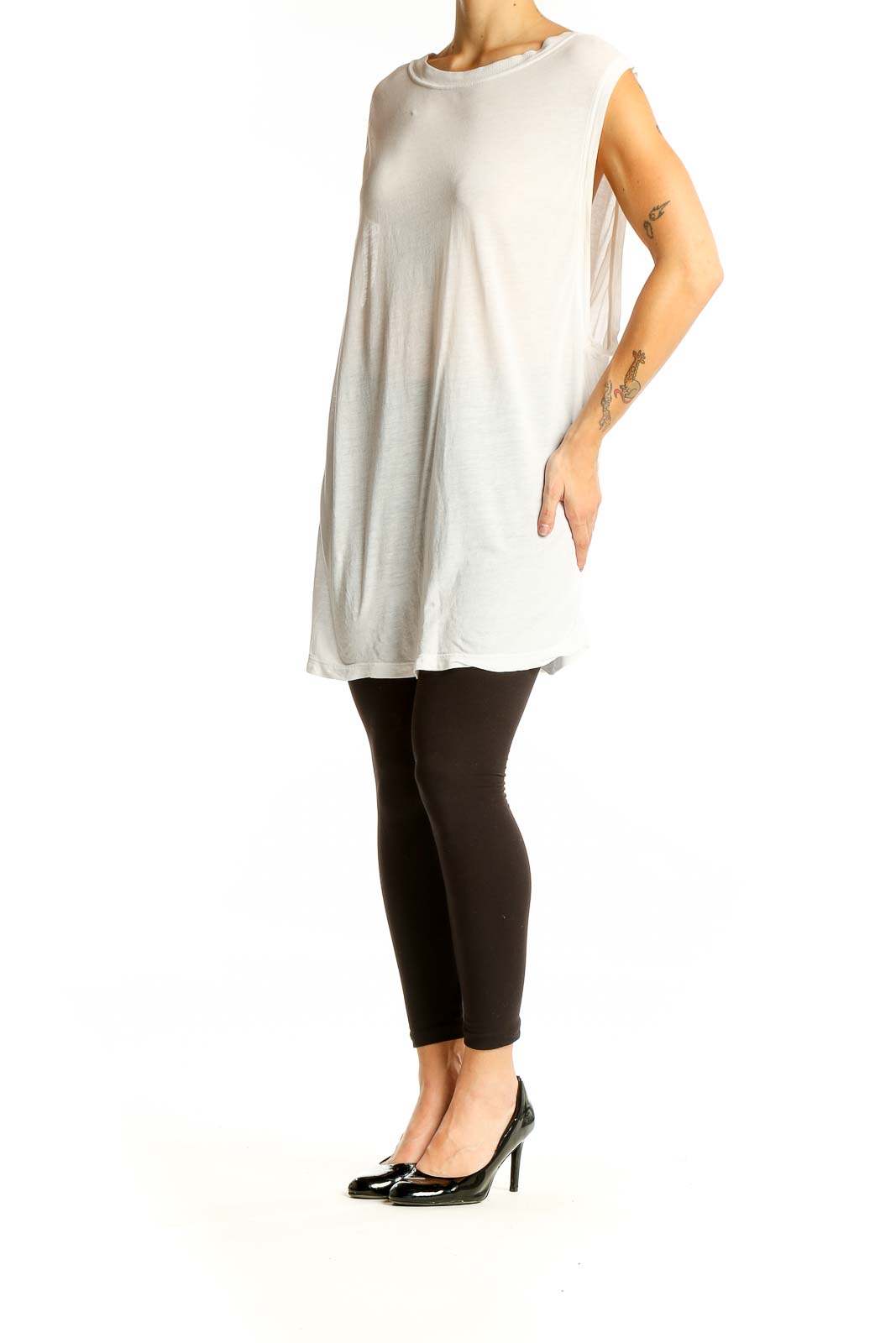 Front view of Lululemon white sleeveless top with relaxed fit