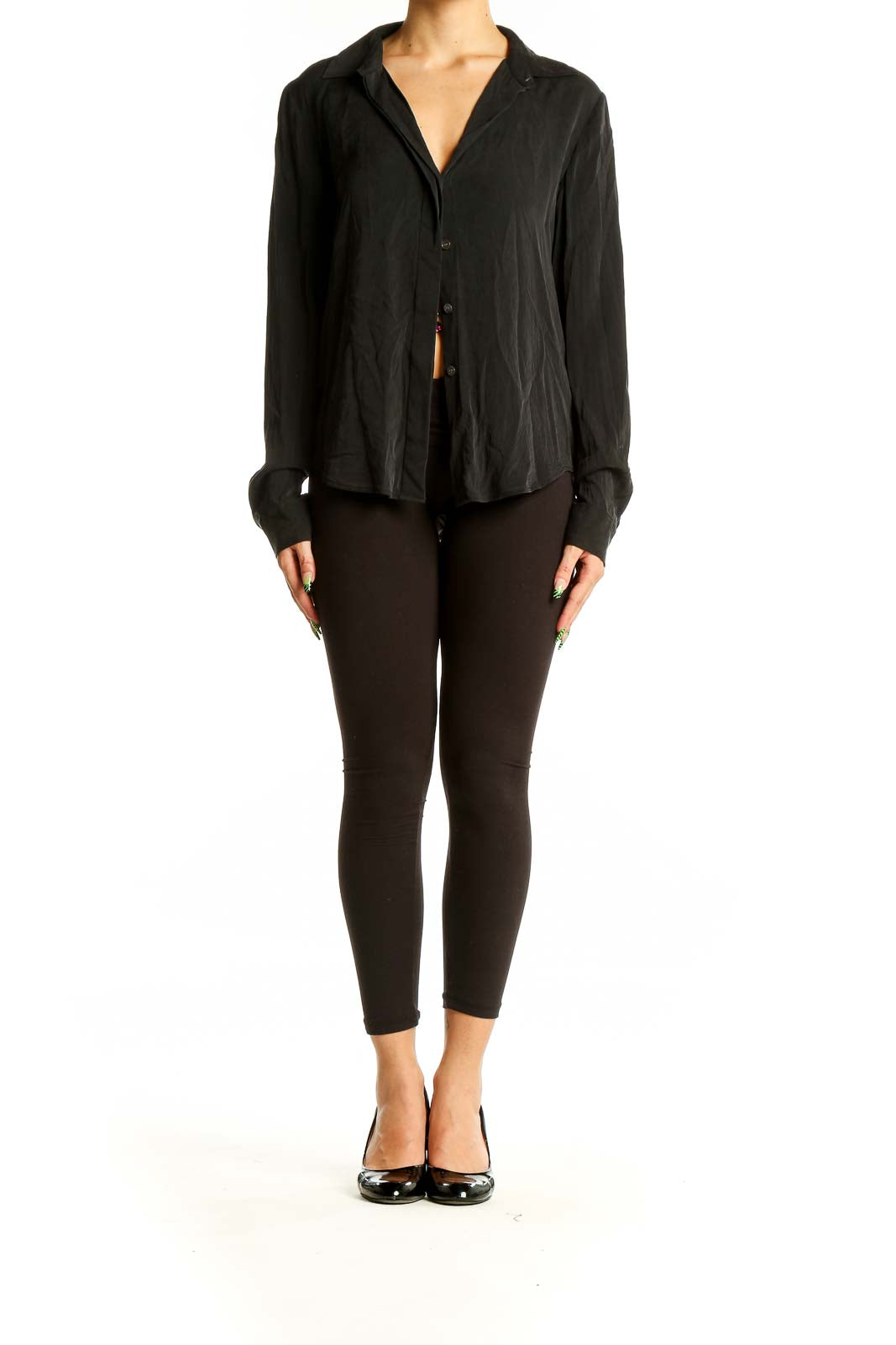 Front view of Theory black silk-blend button-up blouse with V-neckline