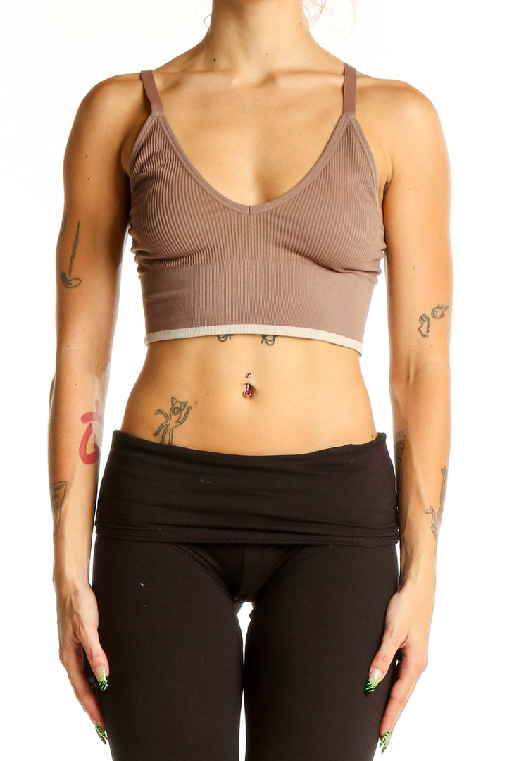 Front view of Harper Wilde taupe ribbed crop top with V-neckline and spaghetti straps