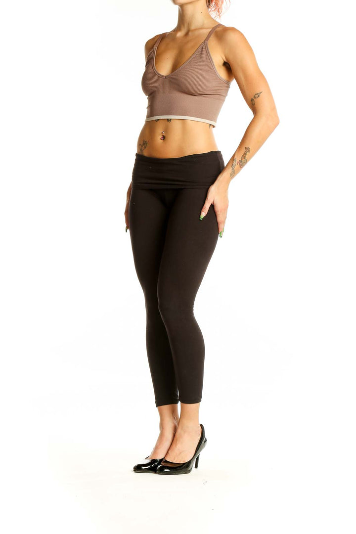 Front view of Harper Wilde taupe ribbed crop top with V-neckline and spaghetti straps