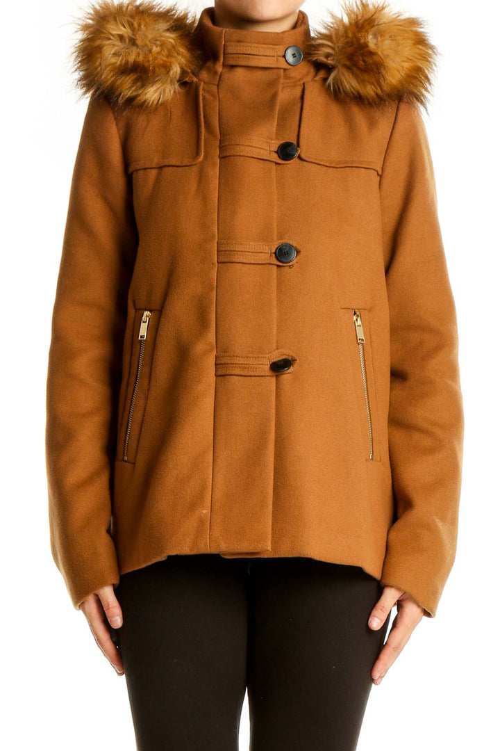 Front view of Zara Basic camel coat with faux fur hood