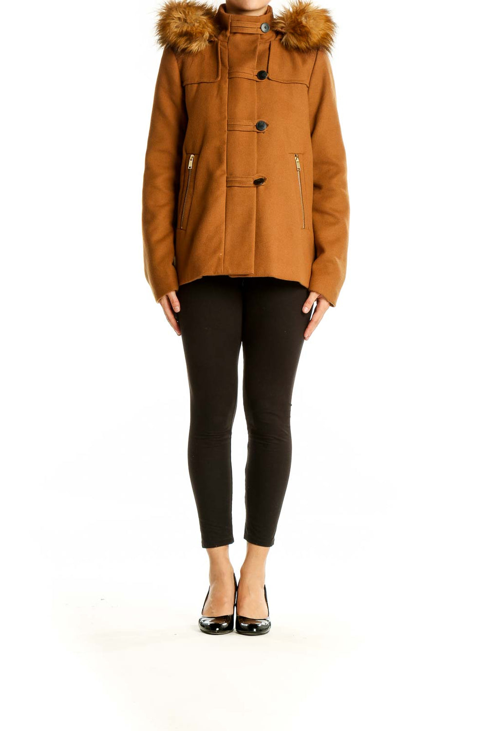 Front view of Zara Basic camel coat with faux fur hood