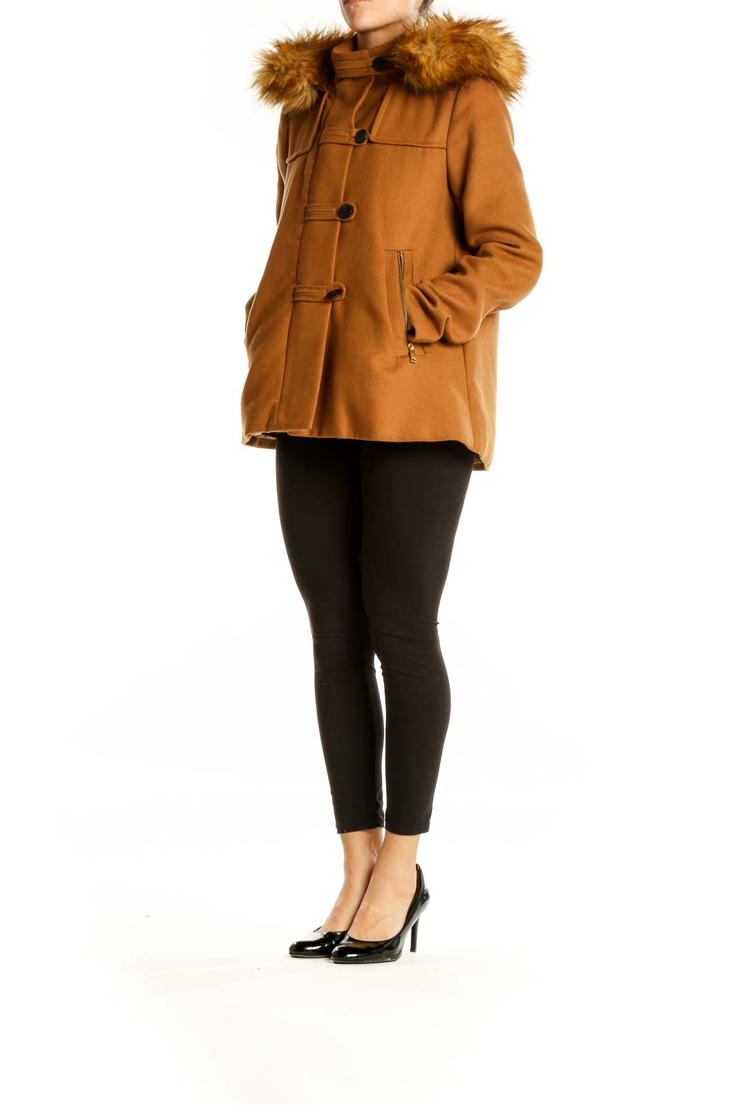 Front view of Zara Basic camel coat with faux fur hood