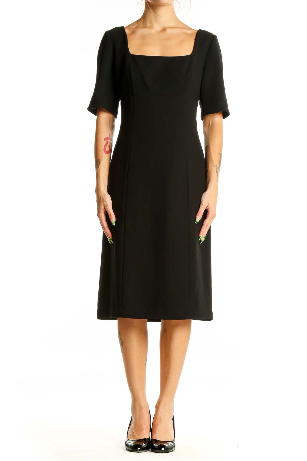 Front view of Ann Taylor black midi dress with square neckline