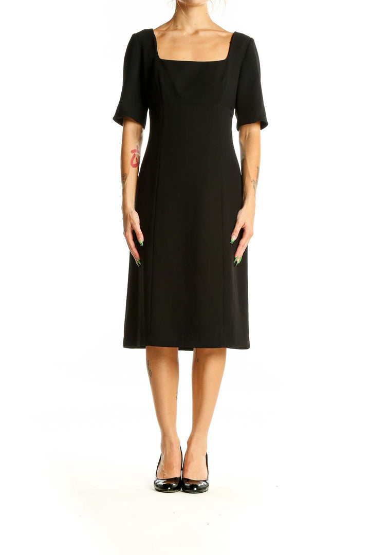 Front view of Ann Taylor black midi dress with square neckline