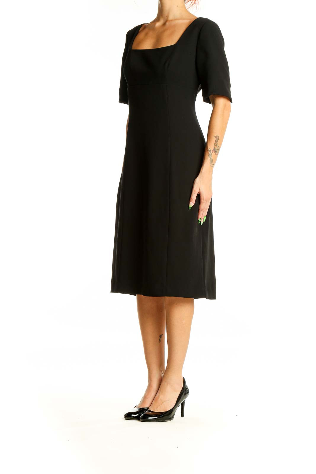 Front view of Ann Taylor black midi dress with square neckline