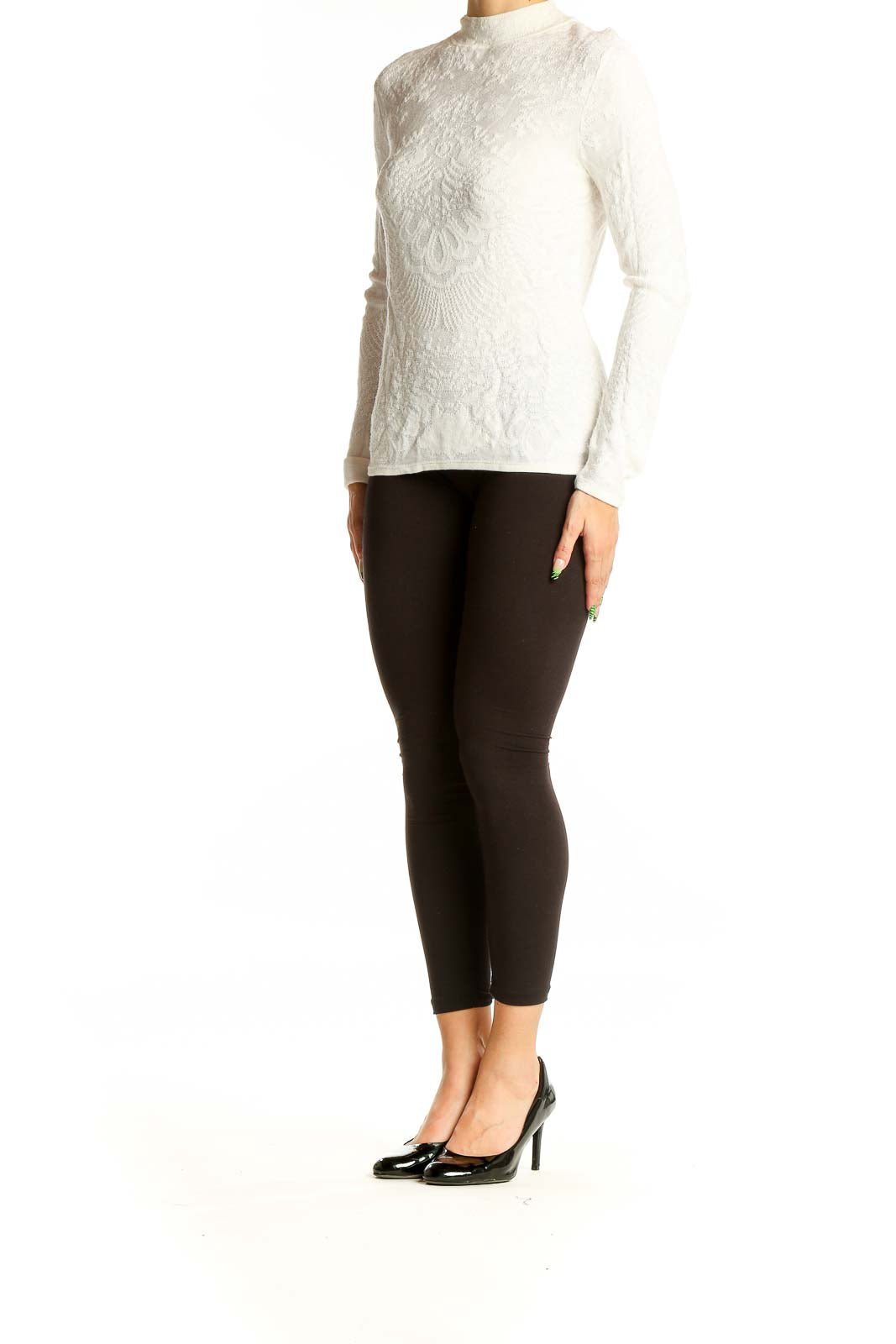 White textured mock neck knit top from White House Black Market, front view