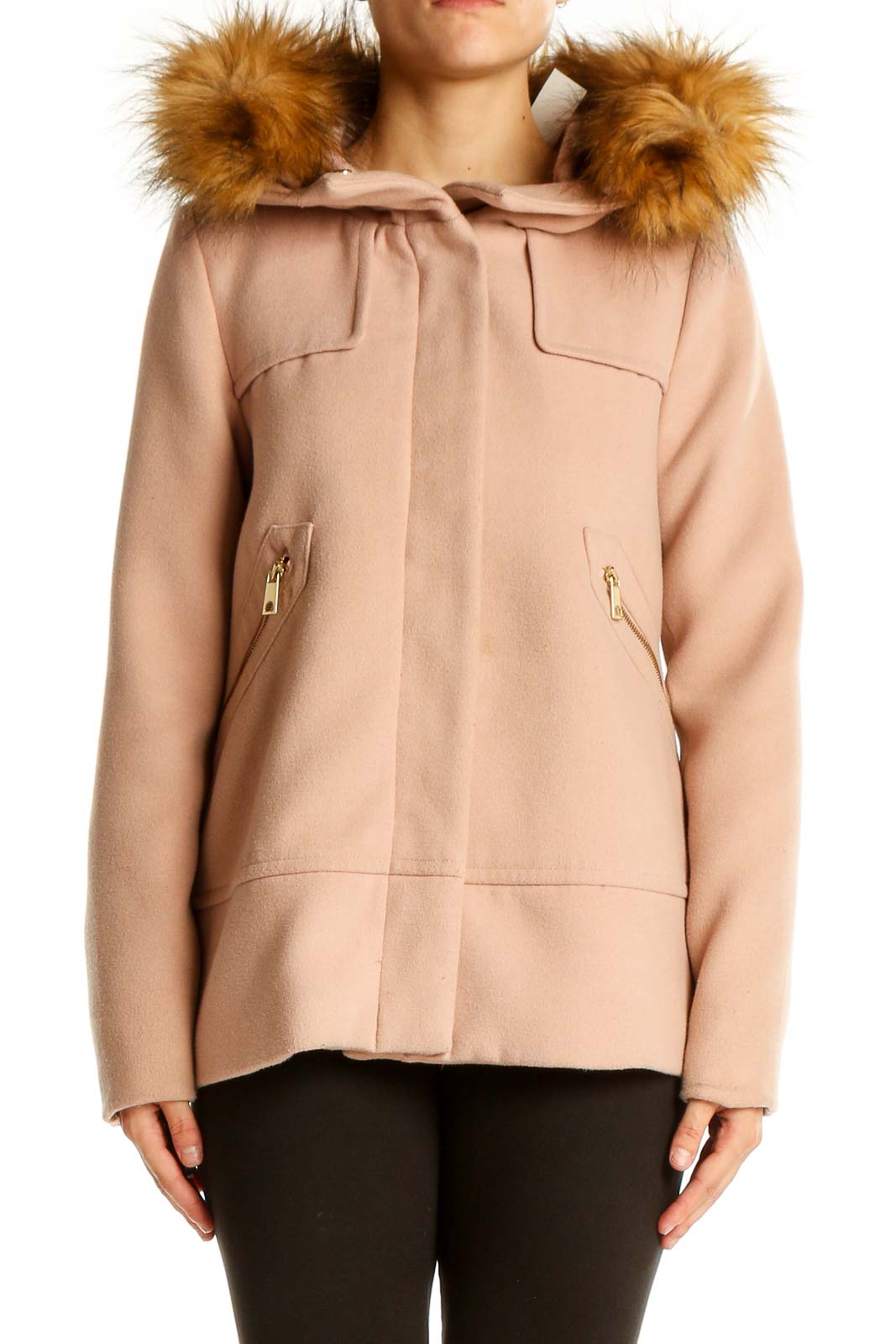 Front view of Zara Basic beige coat with faux fur-trimmed hood