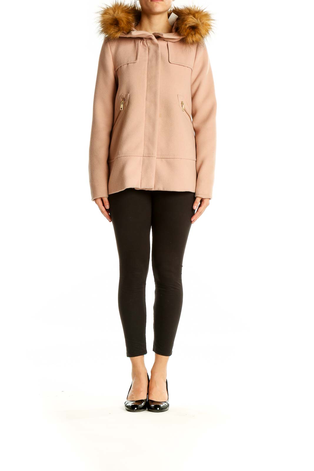 Front view of Zara Basic beige coat with faux fur-trimmed hood