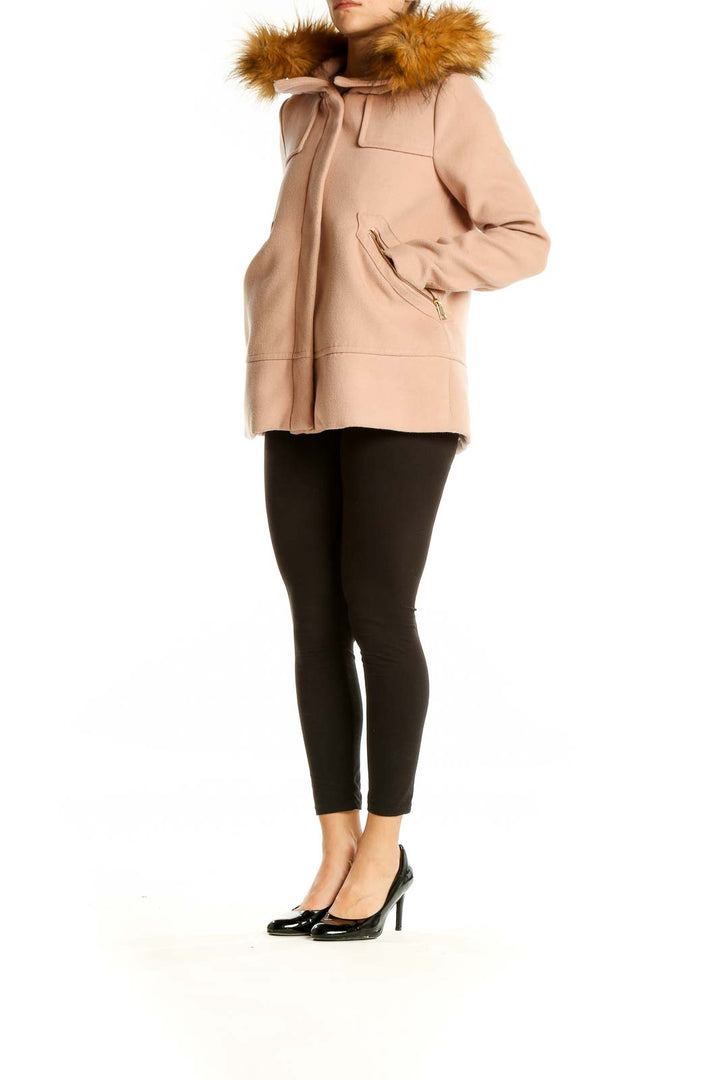 Front view of Zara Basic beige coat with faux fur-trimmed hood