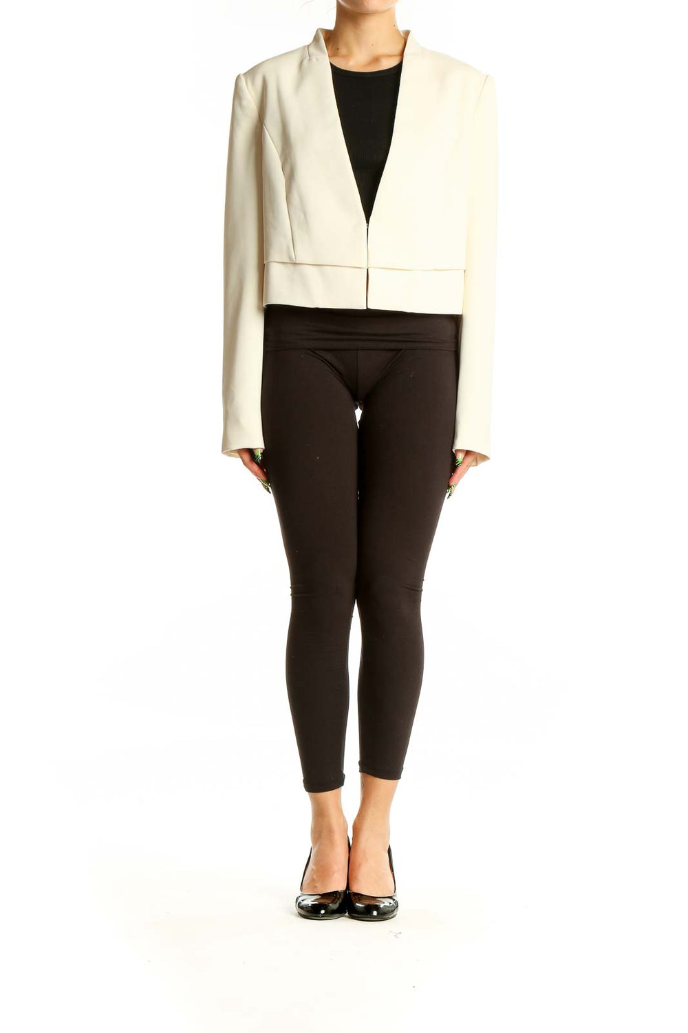 Front view of White House Black Market ivory cropped open-front jacket