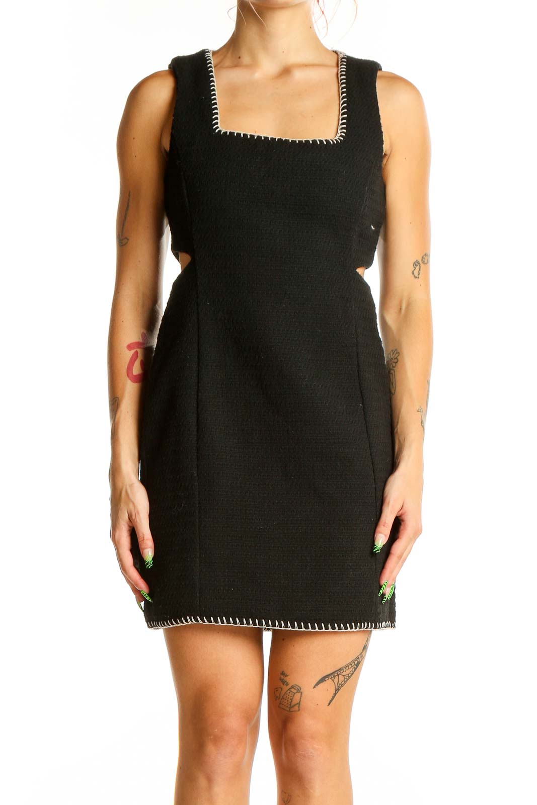 Front view of 7 For All Mankind black textured mini dress with side cutouts