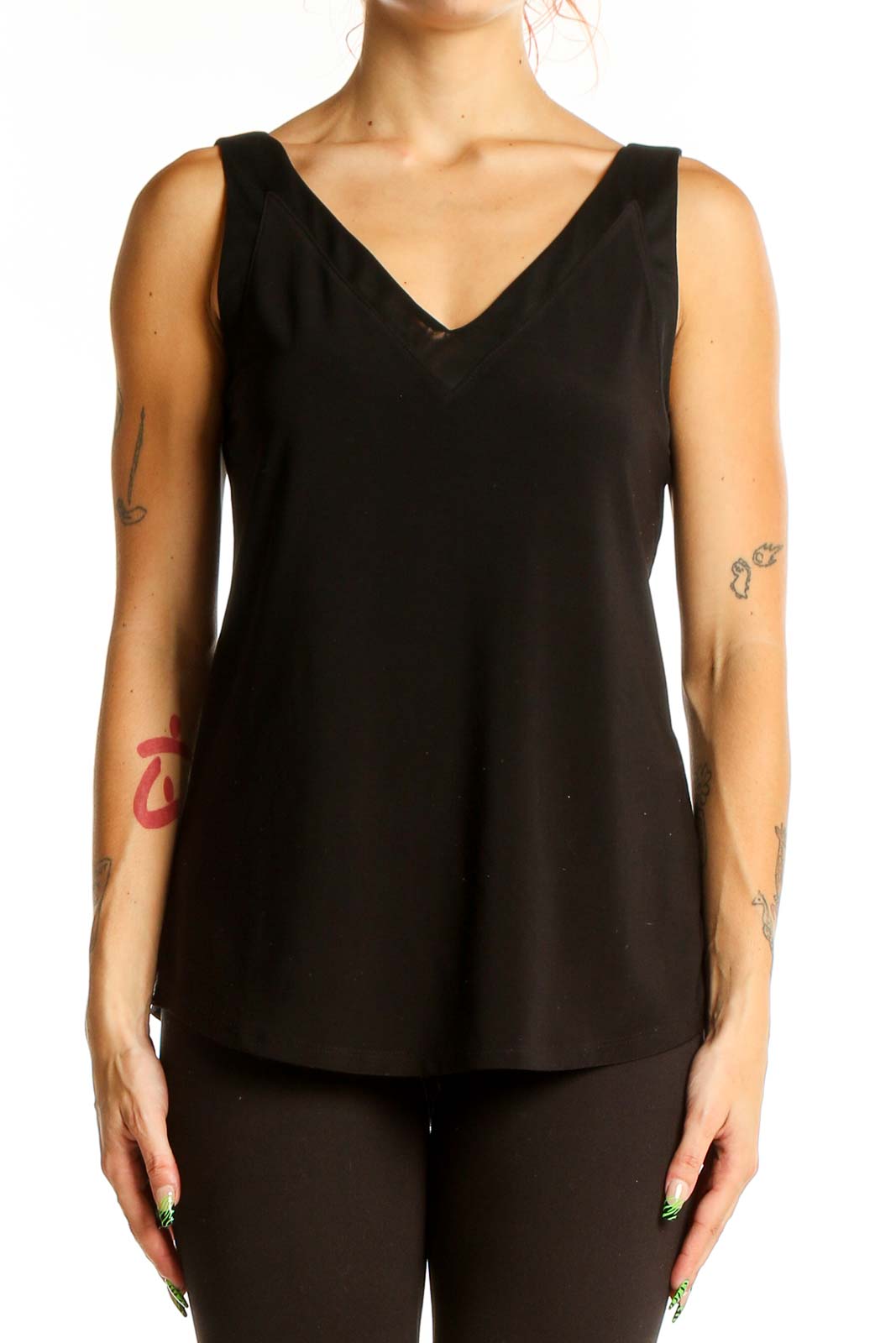 Front view of Black V-Neck Sleeveless Top from White House Black Market