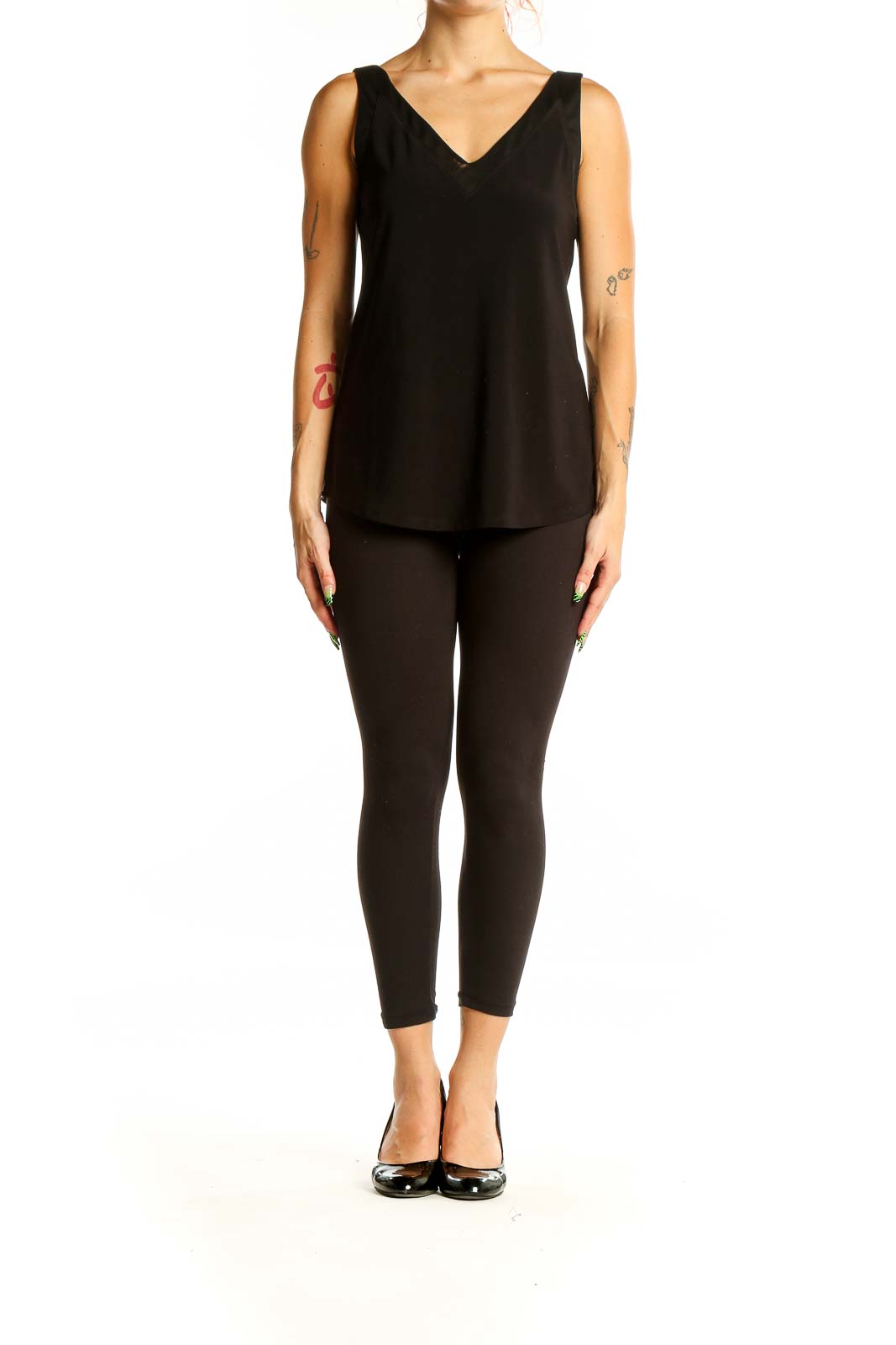 Front view of Black V-Neck Sleeveless Top from White House Black Market