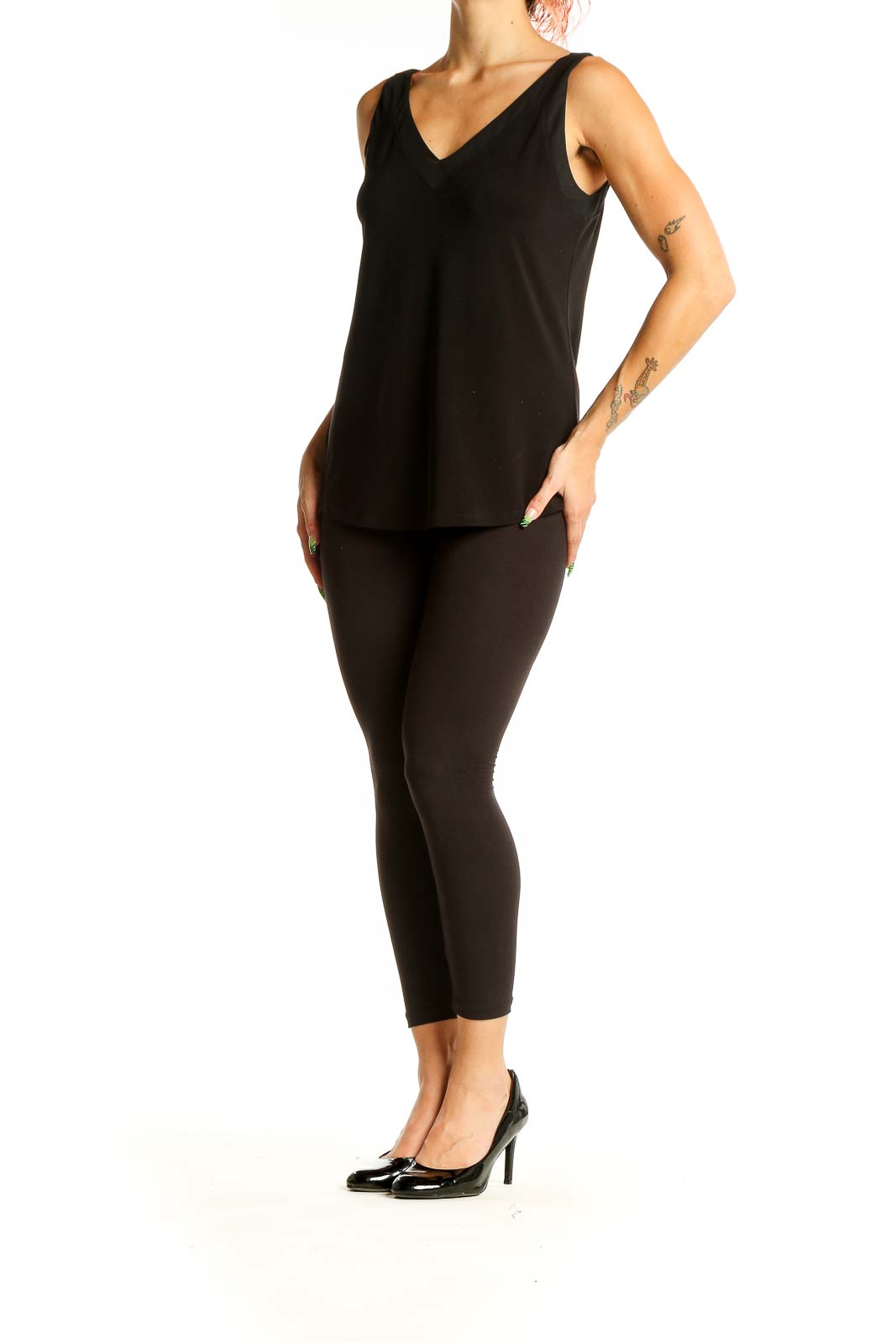 Front view of Black V-Neck Sleeveless Top from White House Black Market