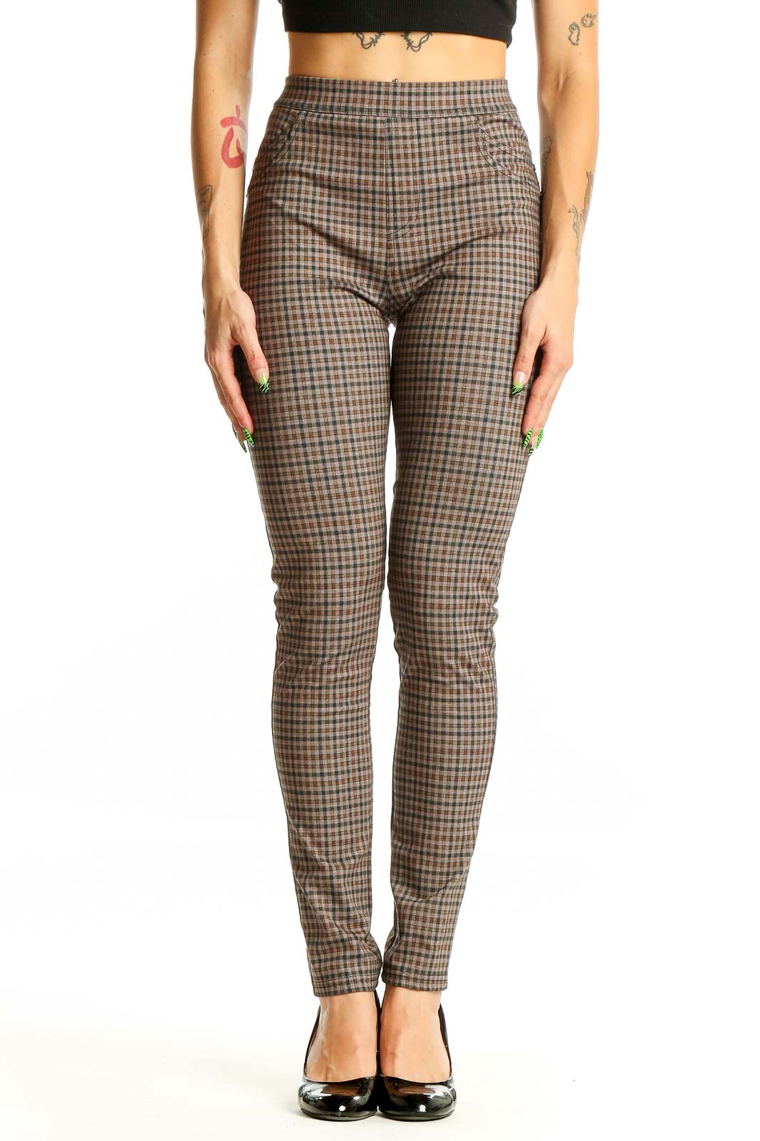 Front view of Sanctuary brown plaid high-waisted skinny pants