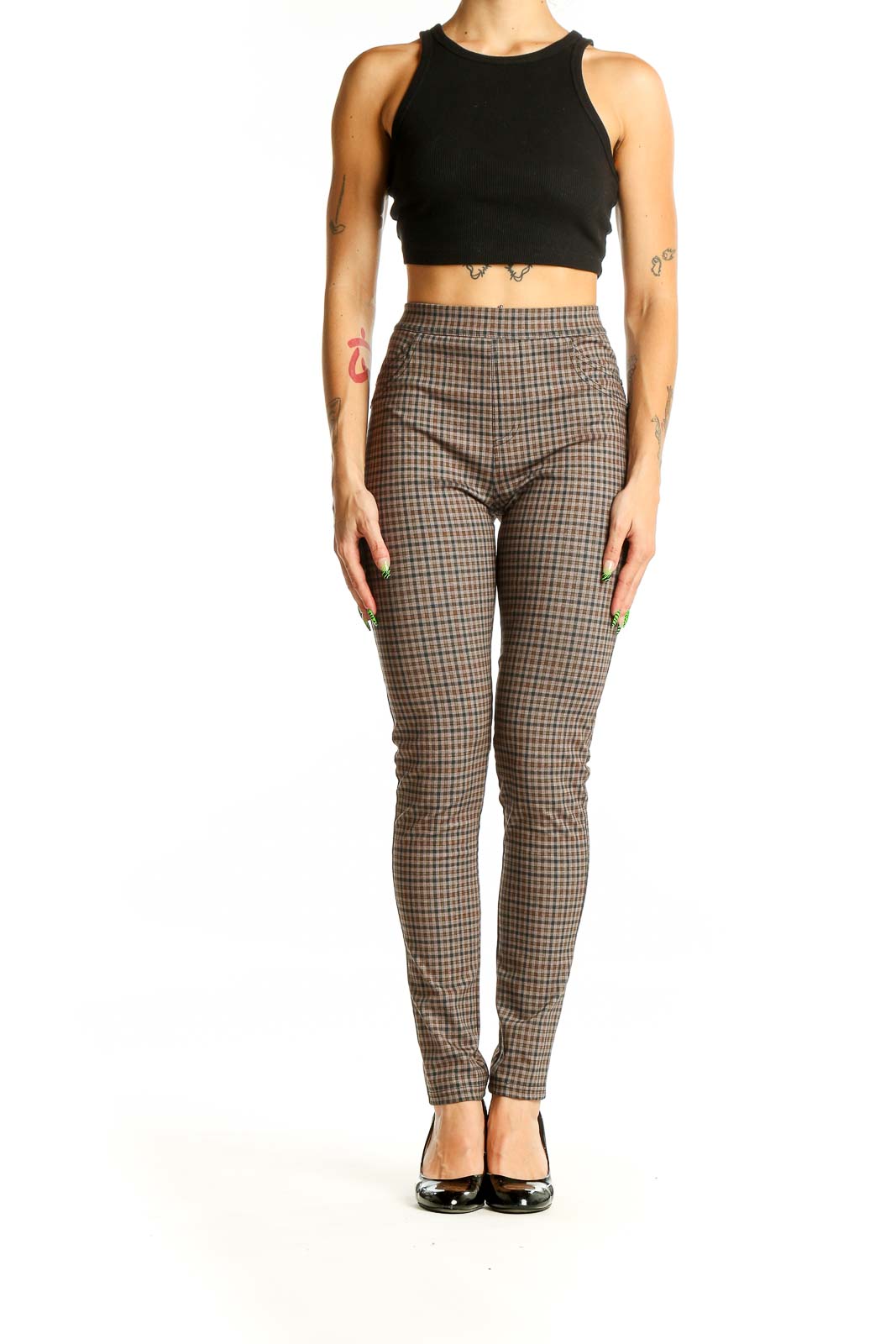 Front view of Sanctuary brown plaid high-waisted skinny pants