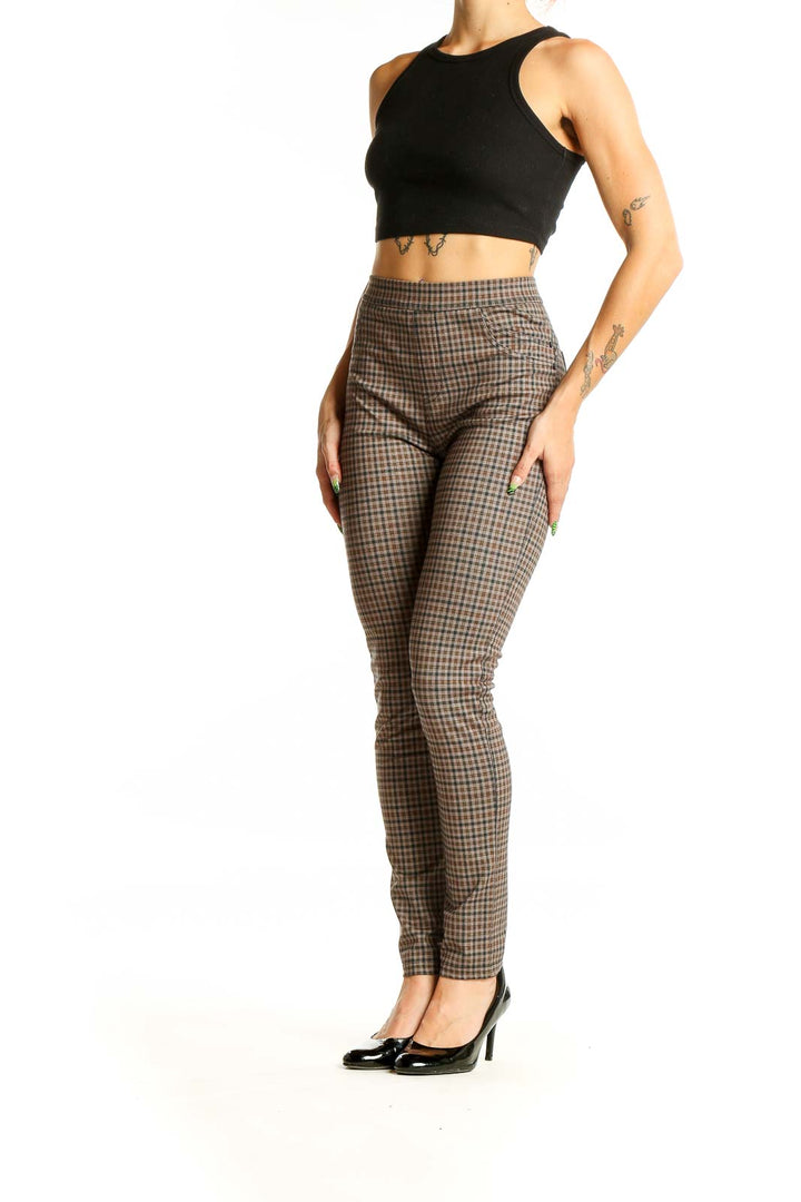 Front view of Sanctuary brown plaid high-waisted skinny pants