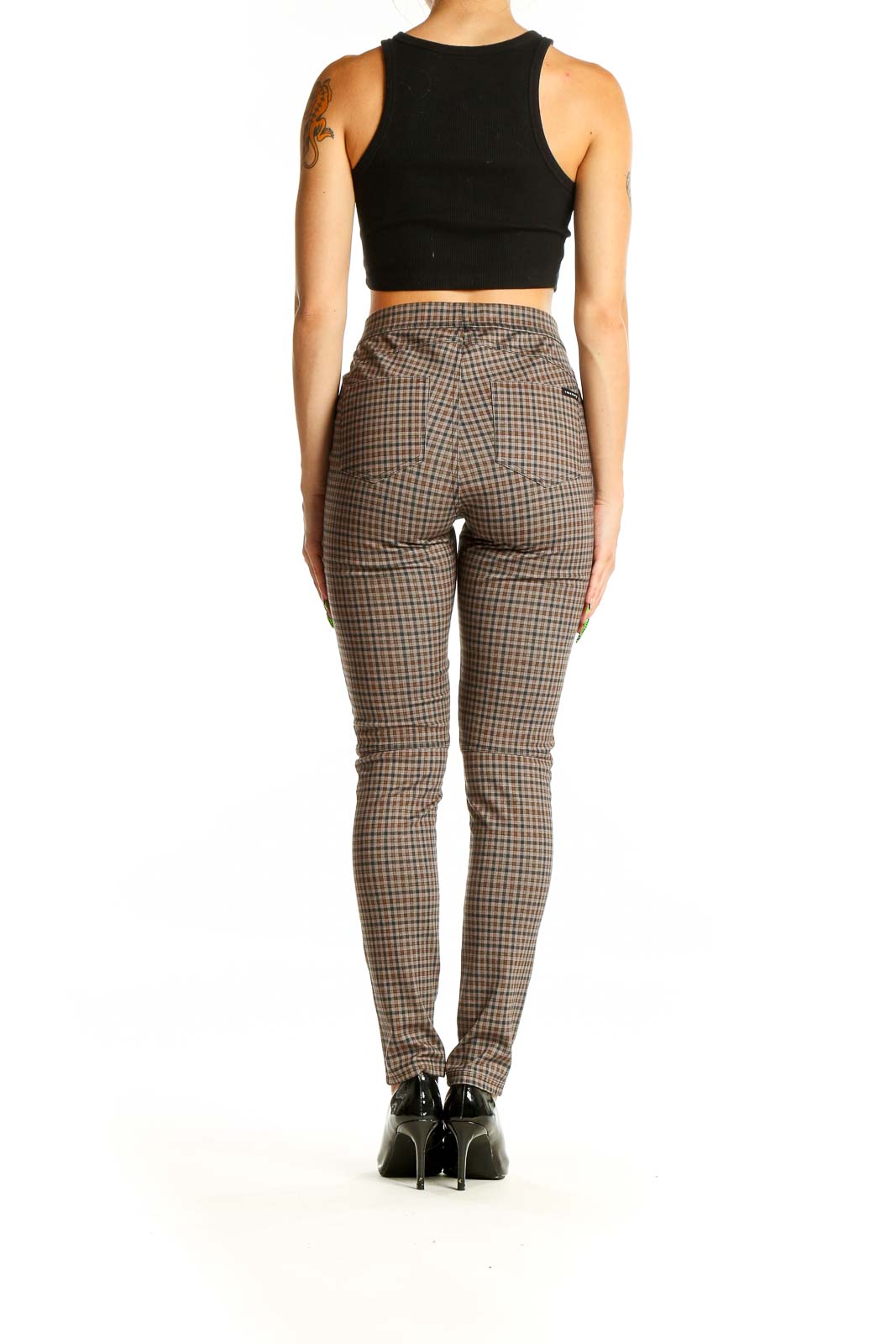 Back view of Sanctuary brown plaid high-waisted skinny pants