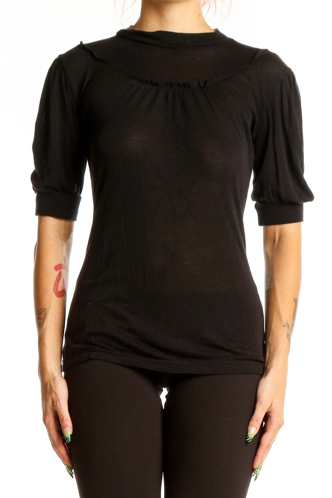 Front view of Free People black Tencel puff sleeve top