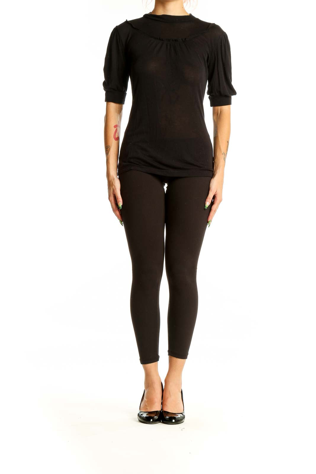 Front view of Free People black Tencel puff sleeve top