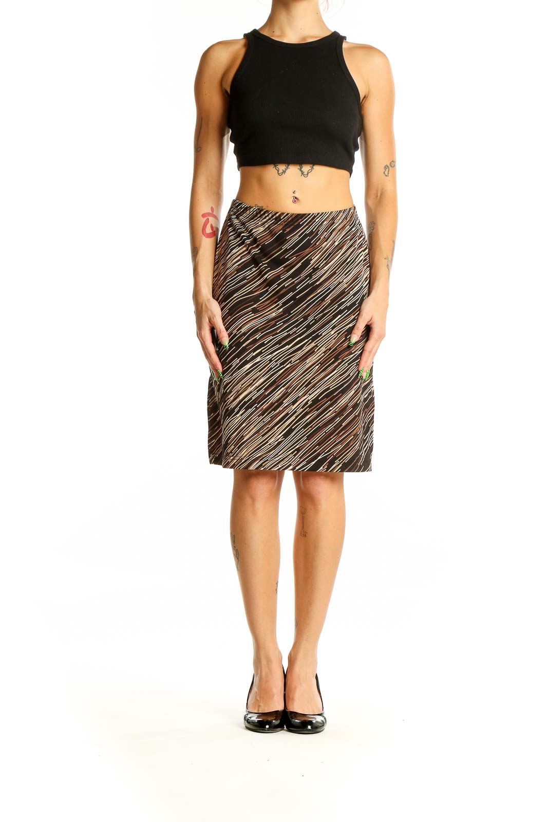 Front view of SilkRoll brown striped pencil skirt on model