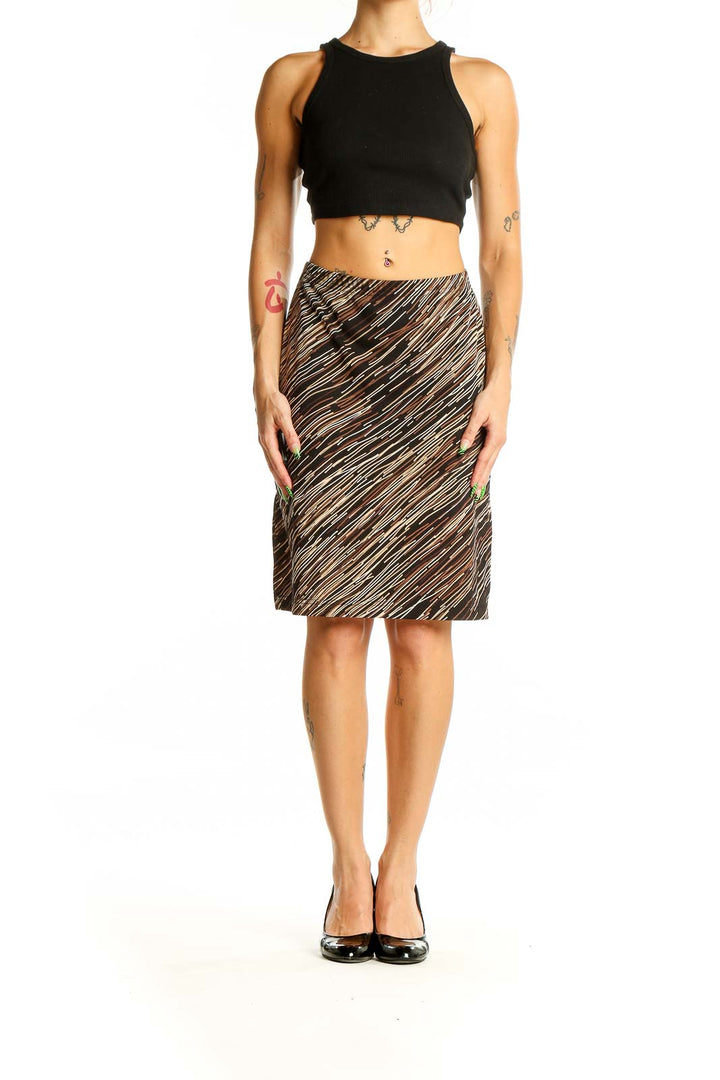 Front view of SilkRoll brown striped pencil skirt on model