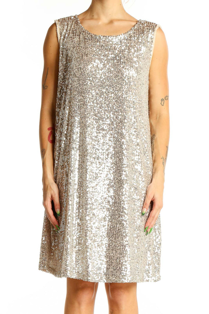 Front view of Cable & Gauge silver sequin sleeveless shift dress