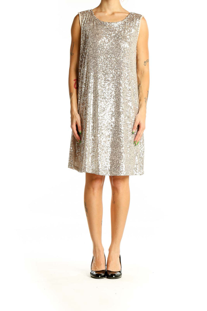 Front view of Cable & Gauge silver sequin sleeveless shift dress