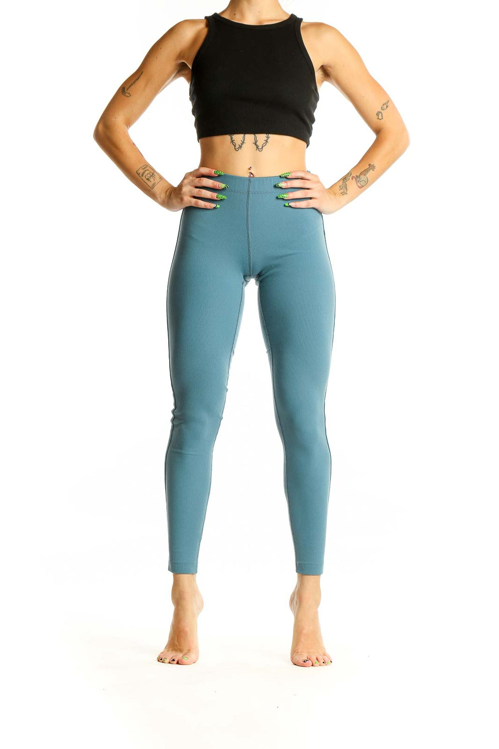 Front view of teal high-waisted ribbed leggings from Outdoor Voices