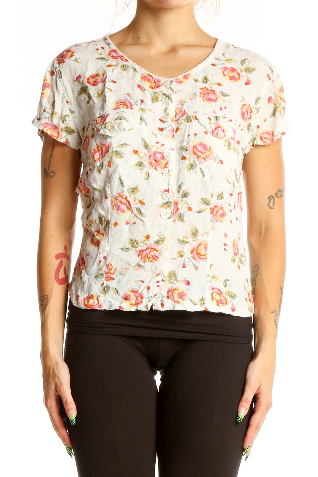 Front view of white floral short-sleeve viscose top by Just The Girls