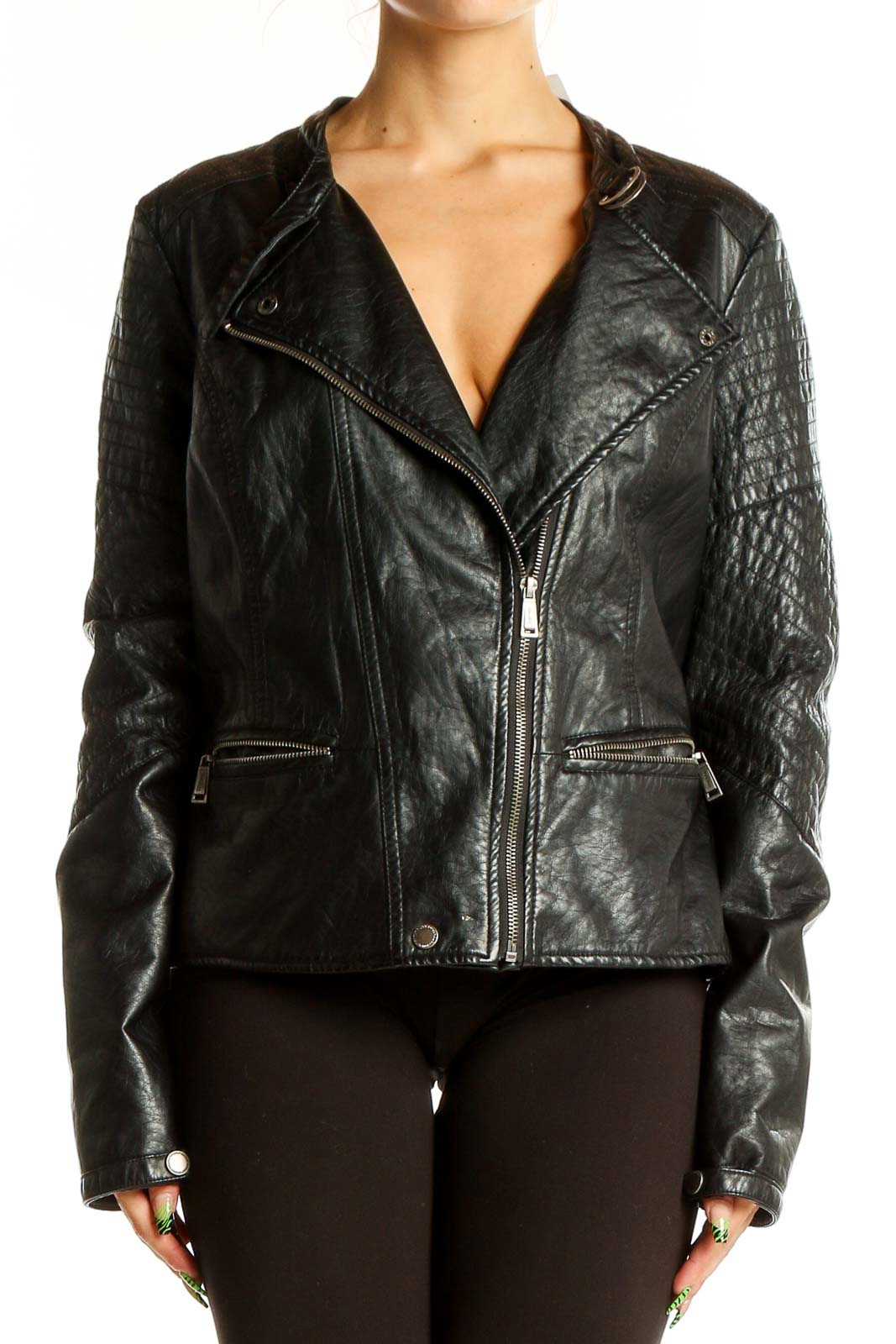 Front view of JouJou black quilted leather moto jacket