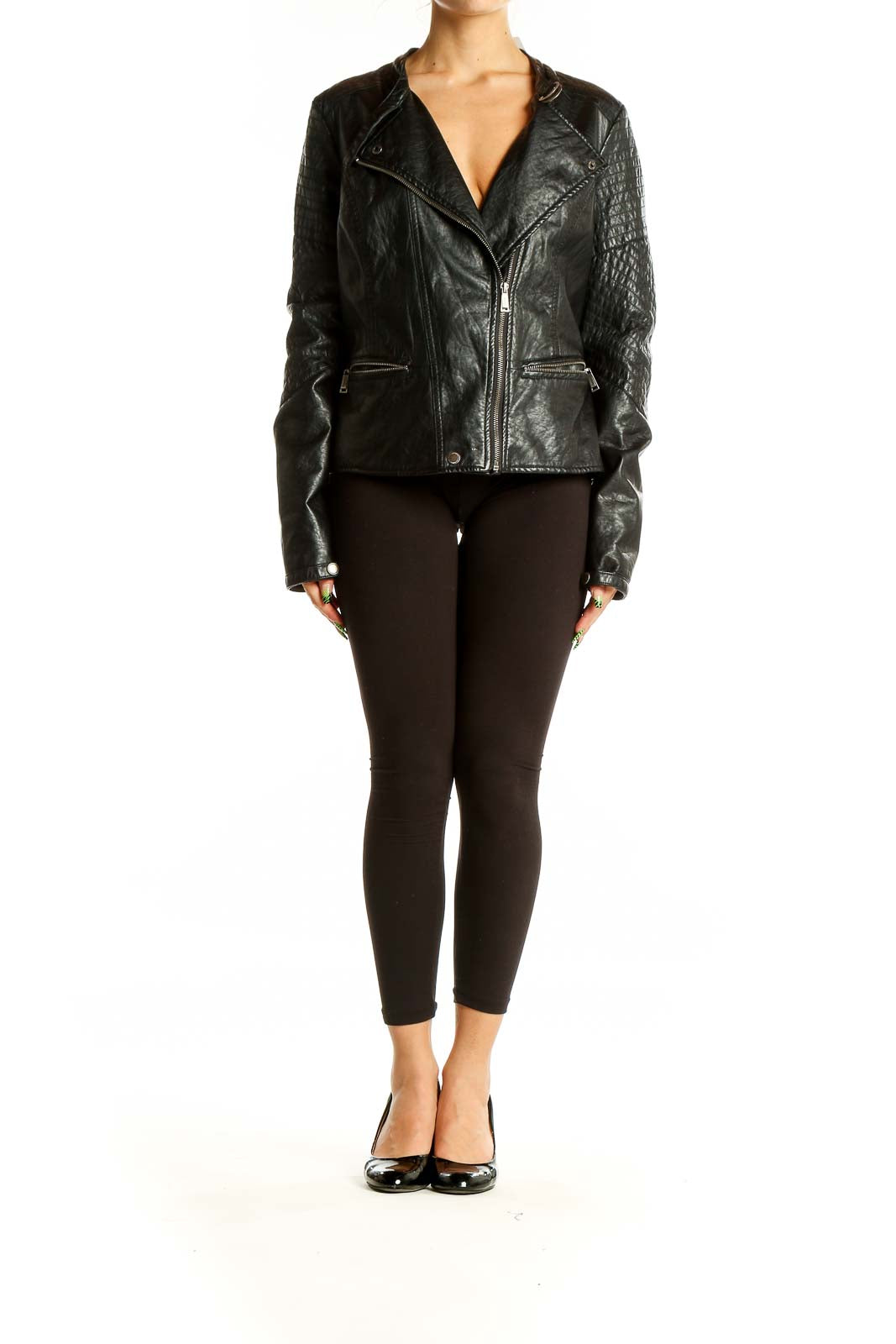 Front view of JouJou black quilted leather moto jacket