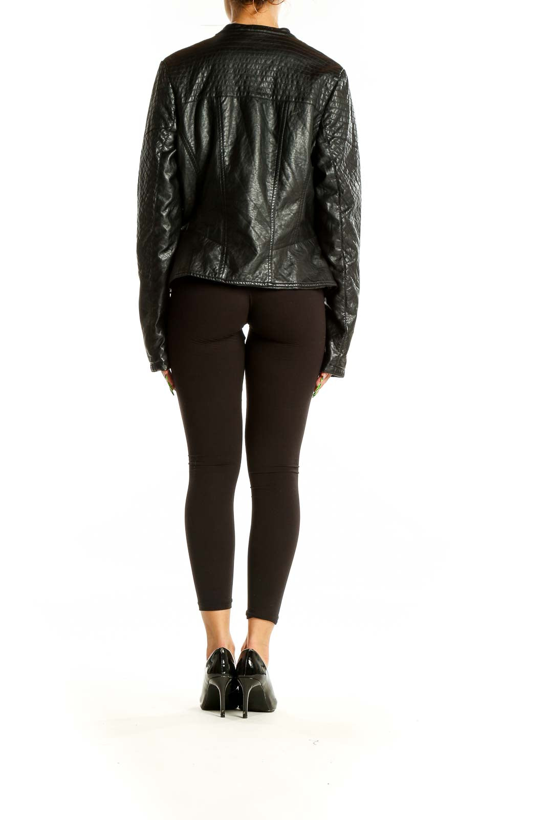 Back view of JouJou black quilted leather moto jacket on model