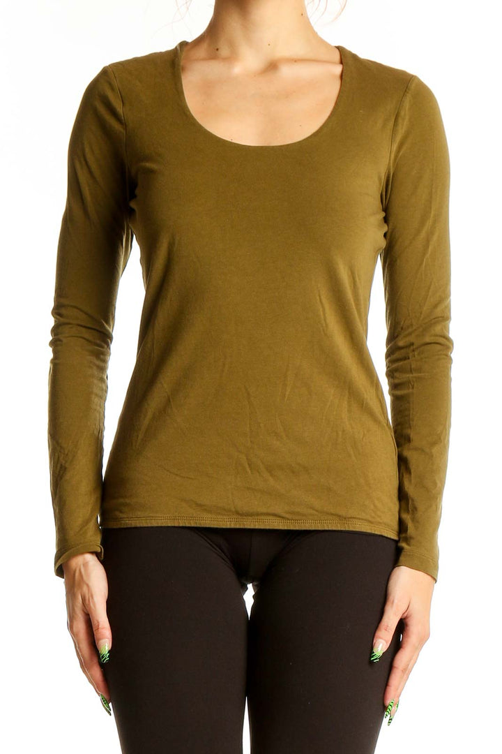 Front view of Jigsaw London olive long sleeve scoop neck top