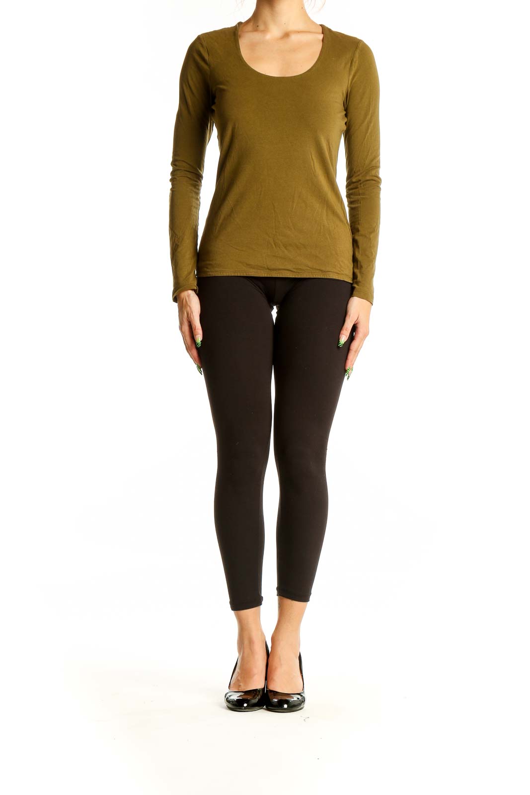 Front view of Jigsaw London olive long sleeve scoop neck top